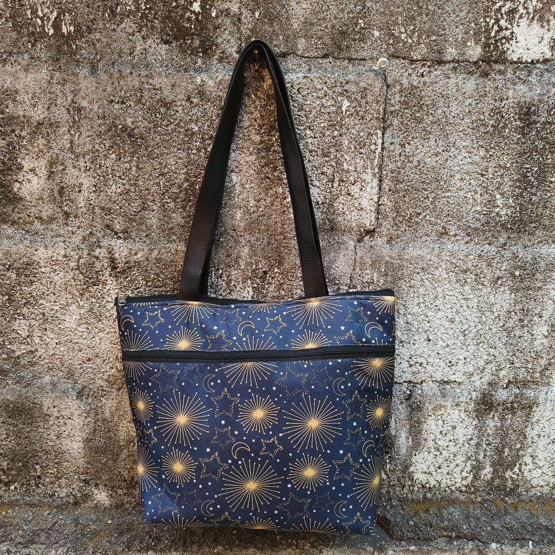 Tote with Bottle Holder Black Color With Sun , Moon , Star Print
