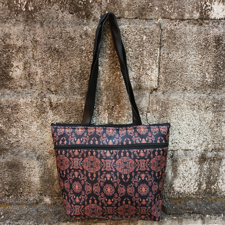Tote with Bottle Holder Black Color With Small Red Flower Print