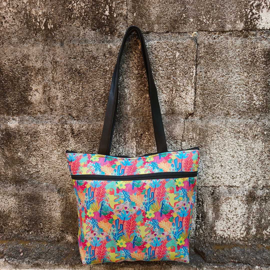 Tote with Bottle Holder Multi Color With Plant Print