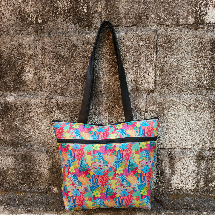 Tote with Bottle Holder Multi Color With Plant Print