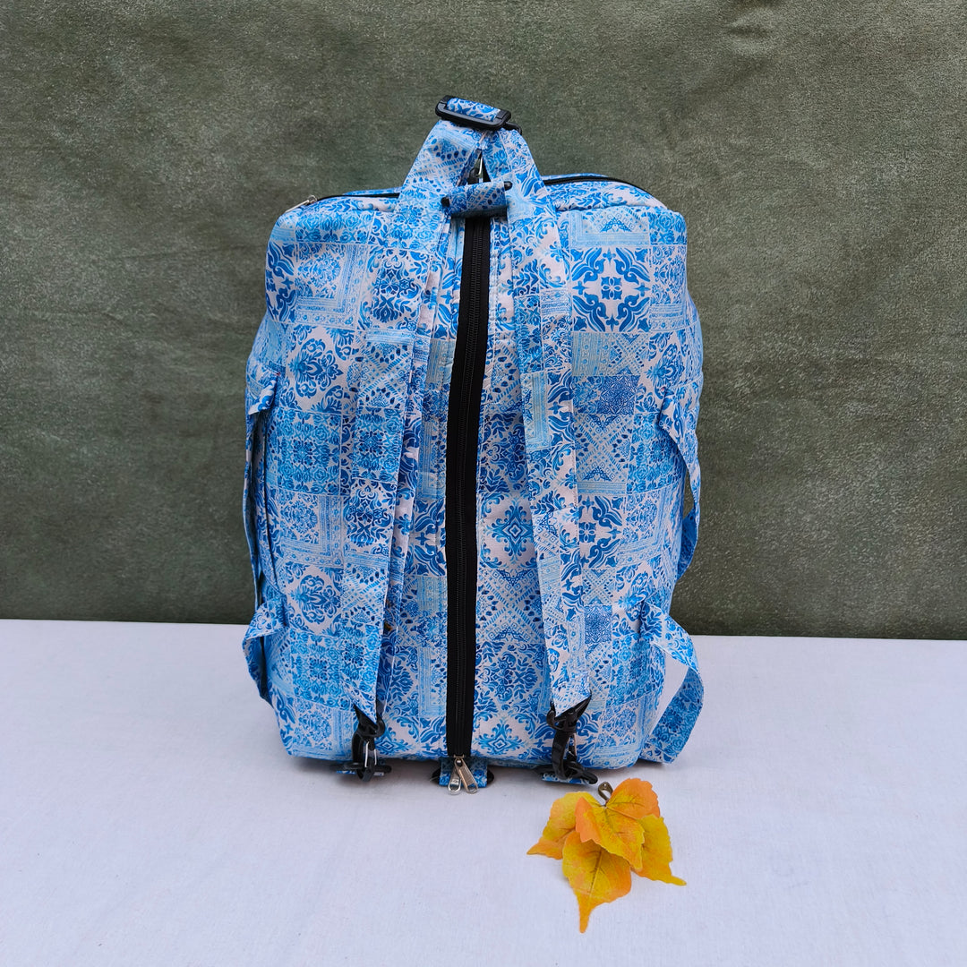 Travel Bag Cum BackPack White With Blue Flower Print