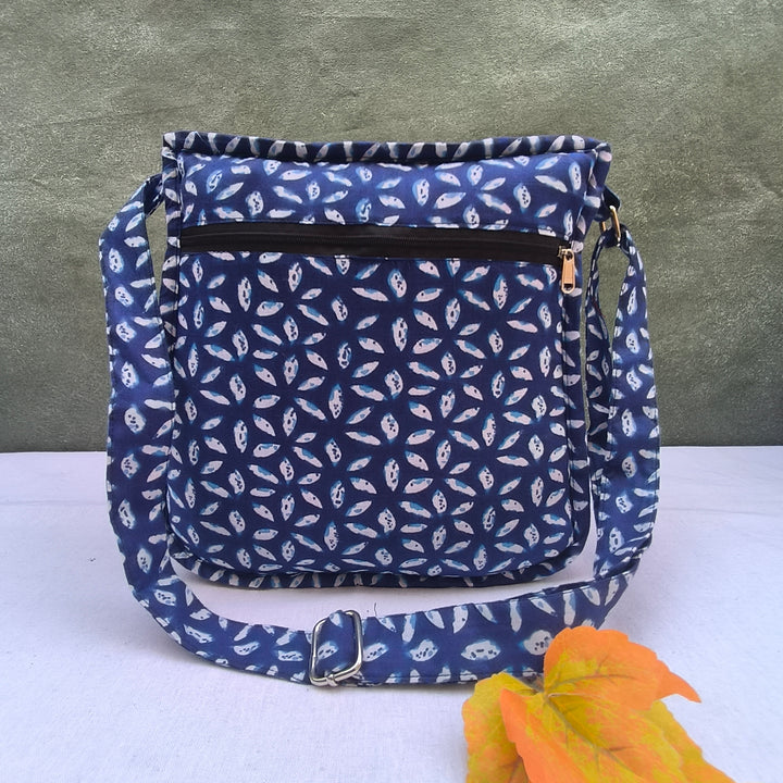 Xtra Sling bag blue With Small White Flower Leaf Print