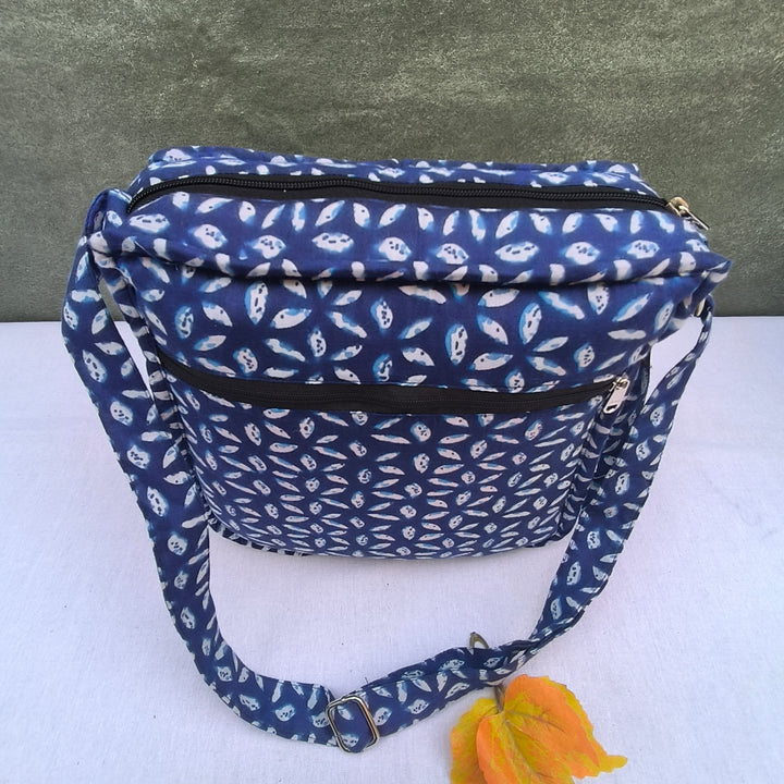 Xtra Sling bag blue With Small White Flower Leaf Print
