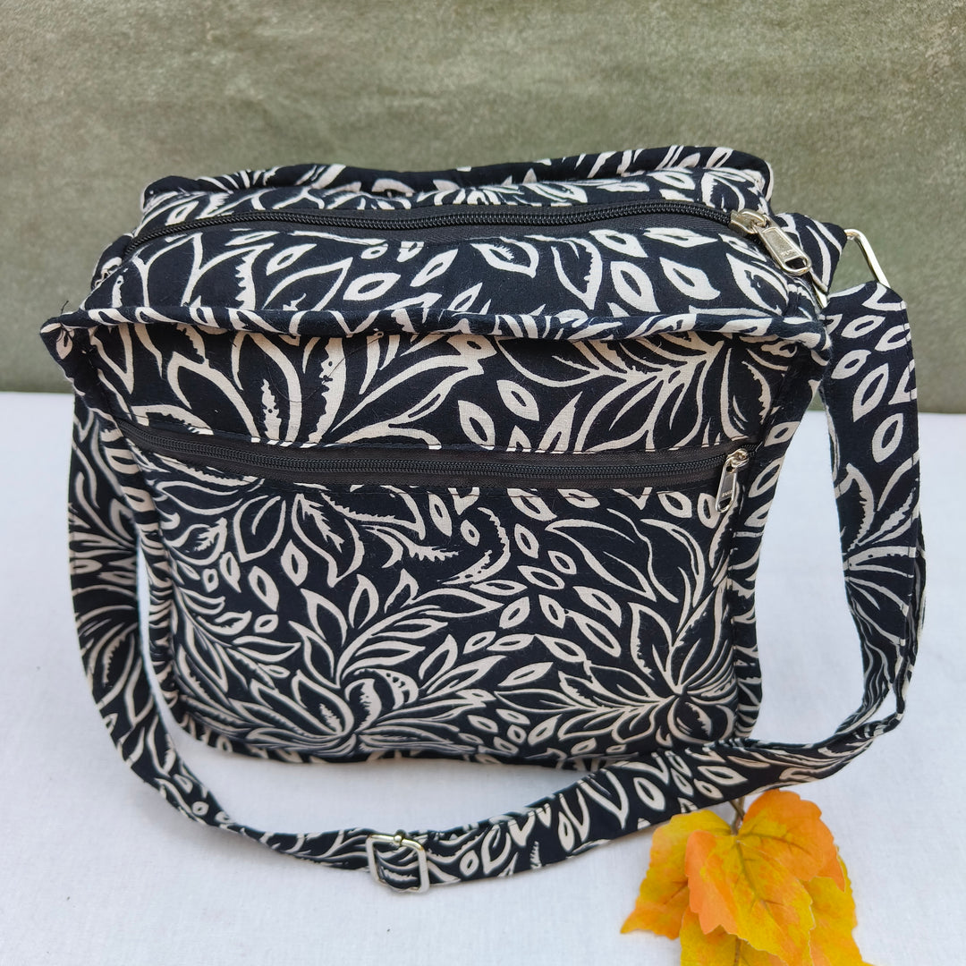 Xtra Sling bag black with White Flower print
