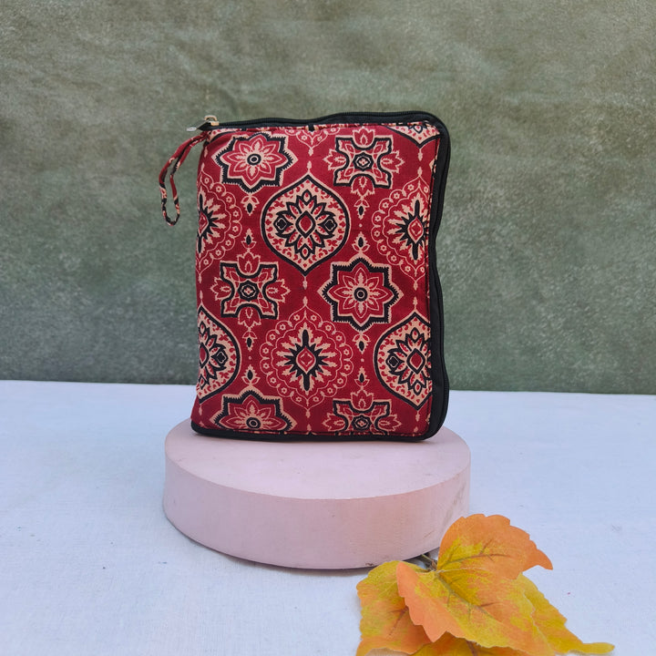 Girls Kit Pouch - Maroon With Black Flower Print