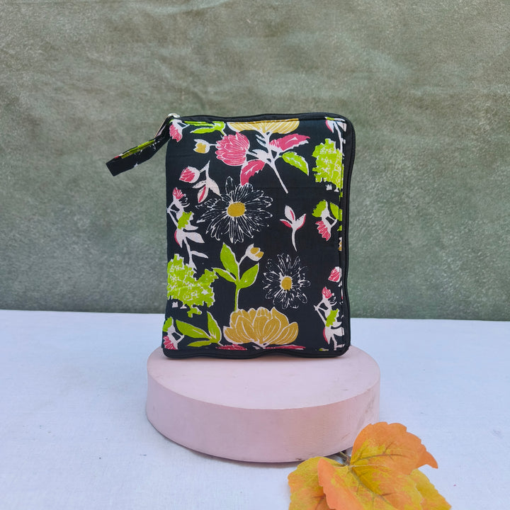 Girls Kit Pouch - Black With Multi Color Flower Print