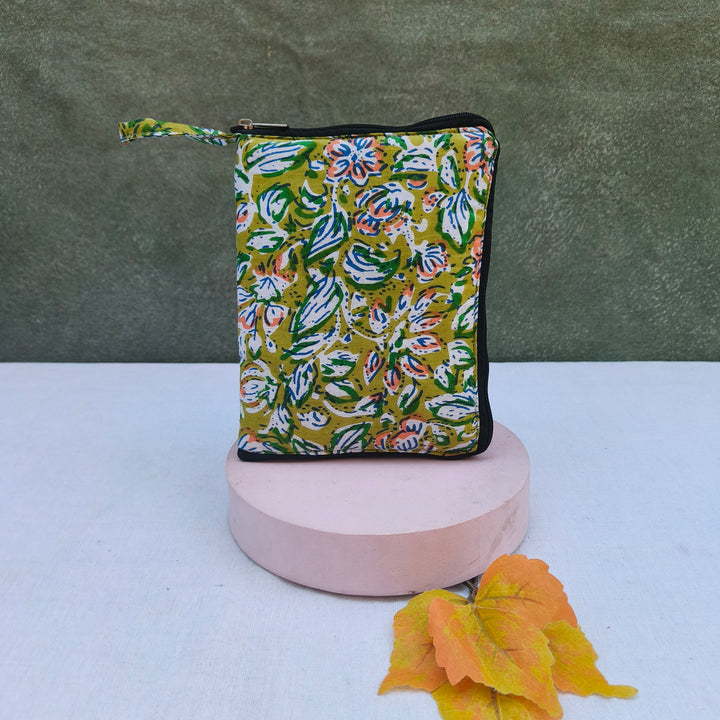 Girls Kit Pouch - Green With  Flower Print