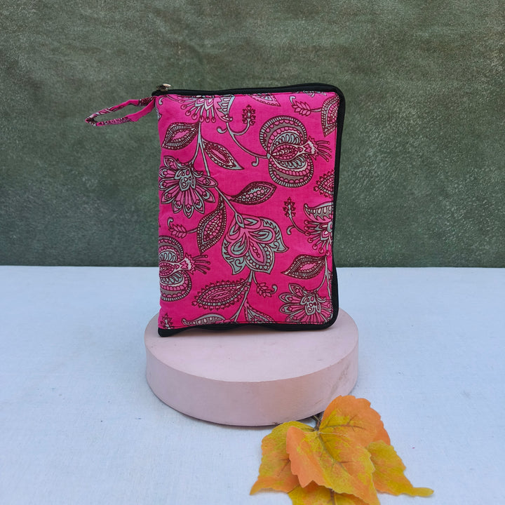 Girls Kit Pouch - Pink With Grey Flower Print