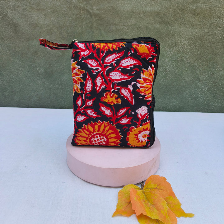 Girls Kit Pouch - Black With Red , Yellow Flower Print