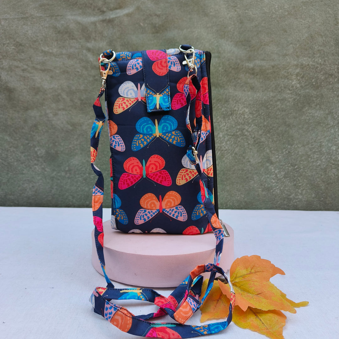Wallet Cum Sling - Dark Blue With Butterfly Print