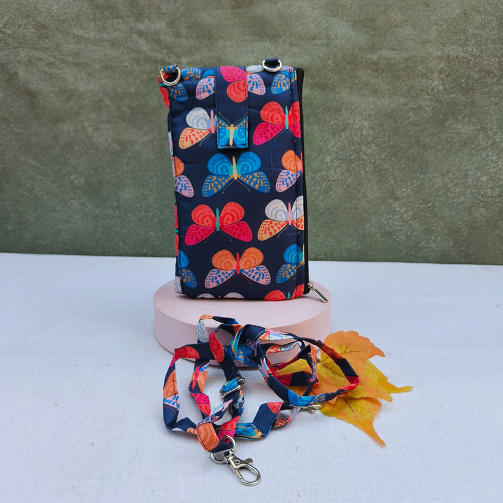 Wallet Cum Sling - Dark Blue With Butterfly Print
