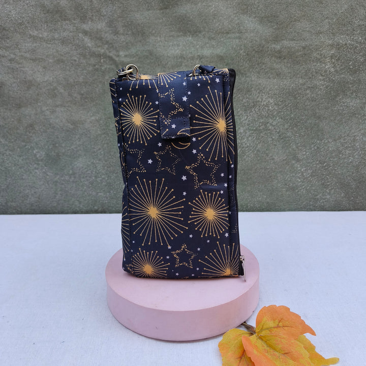 Wallet Cum Sling - Black With Yellow Star , Sun Print