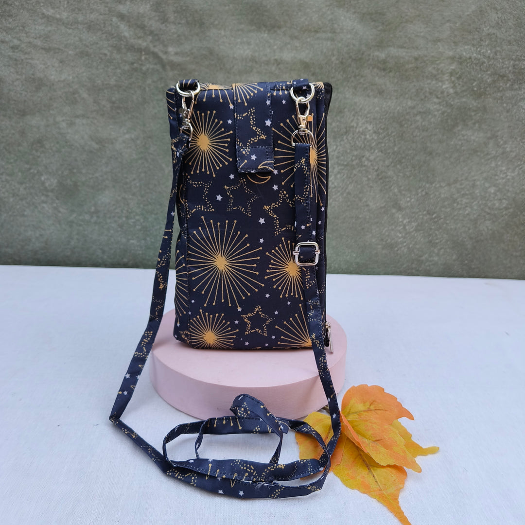 Wallet Cum Sling - Black With Yellow Star , Sun Print