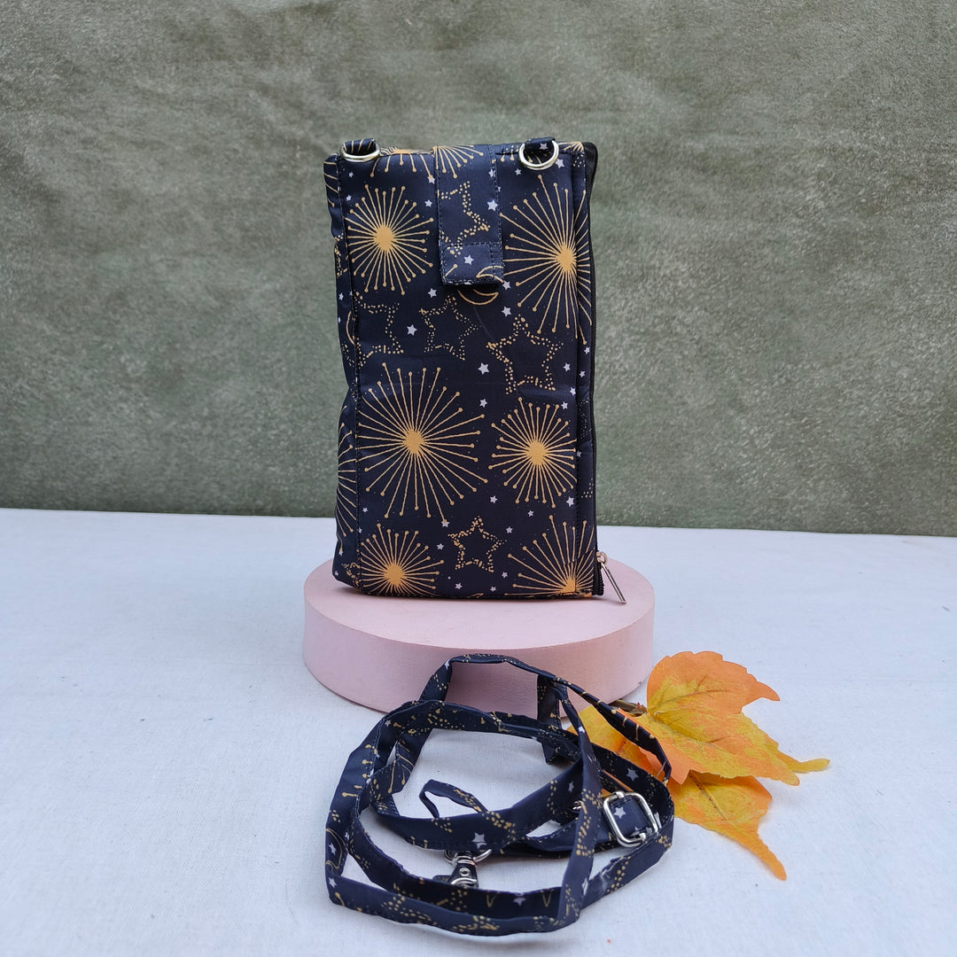 Wallet Cum Sling - Black With Yellow Star , Sun Print