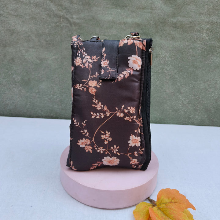 Wallet Cum Sling - Black With Gold Flower