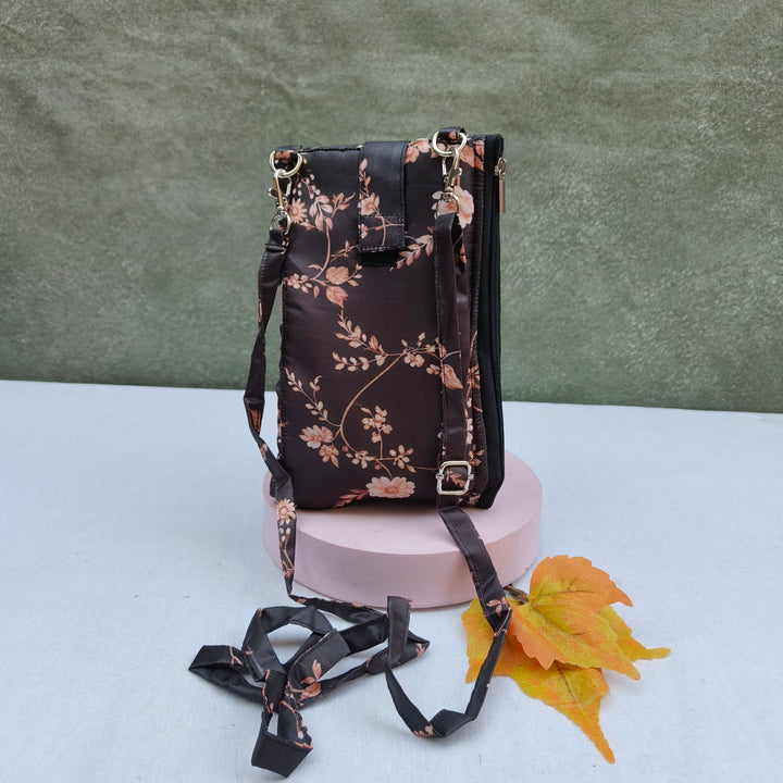 Wallet Cum Sling - Black With Gold Flower