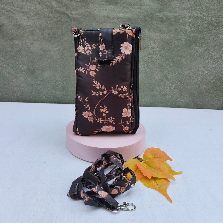 Wallet Cum Sling - Black With Gold Flower