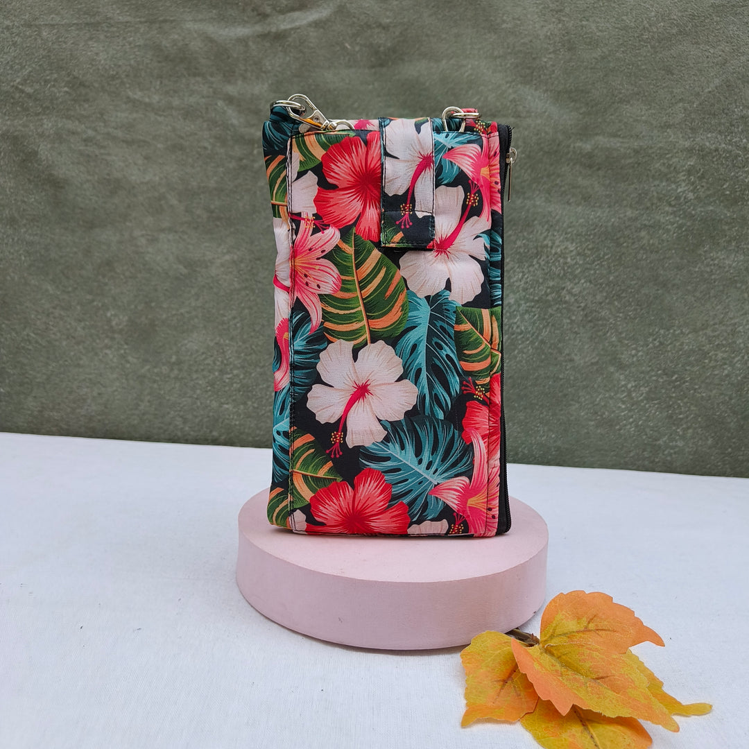 Wallet Cum Sling - Dark Blue With Hibiscus Flower Print