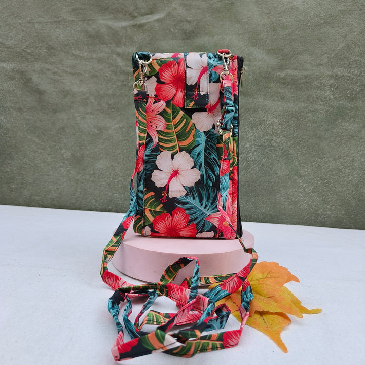 Wallet Cum Sling - Dark Blue With Hibiscus Flower Print