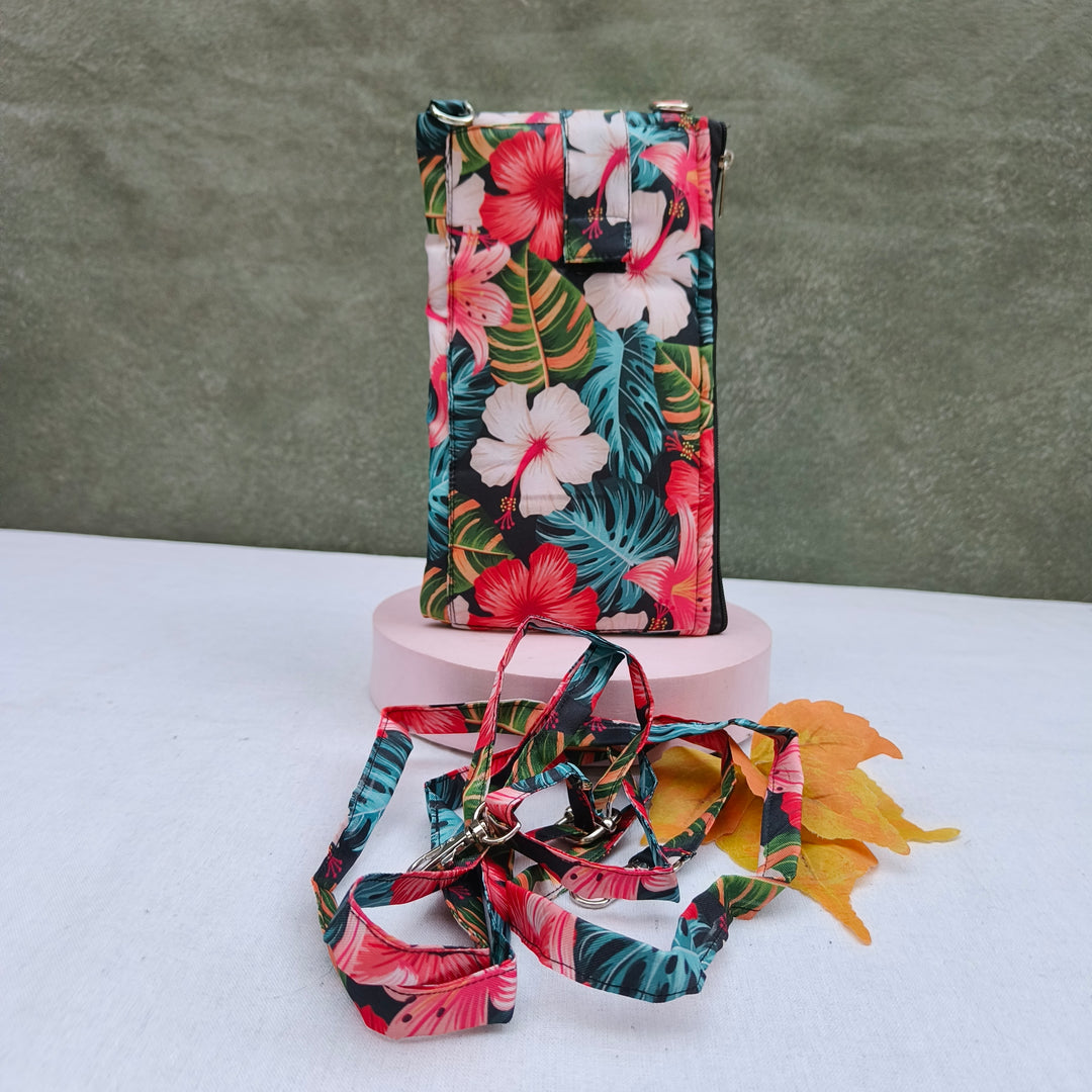 Wallet Cum Sling - Dark Blue With Hibiscus Flower Print