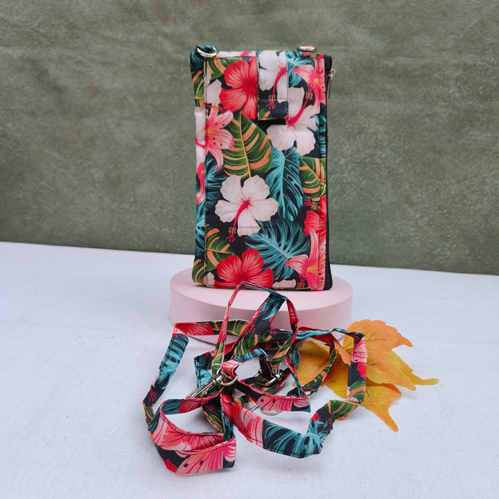 Wallet Cum Sling - Dark Blue With Hibiscus Flower Print