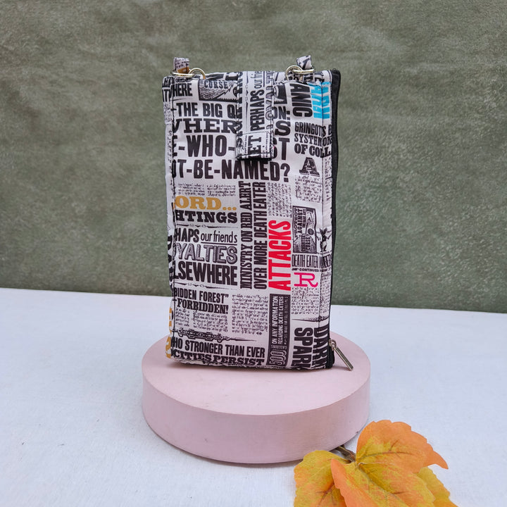 Wallet Cum Sling - White With News Paper Print
