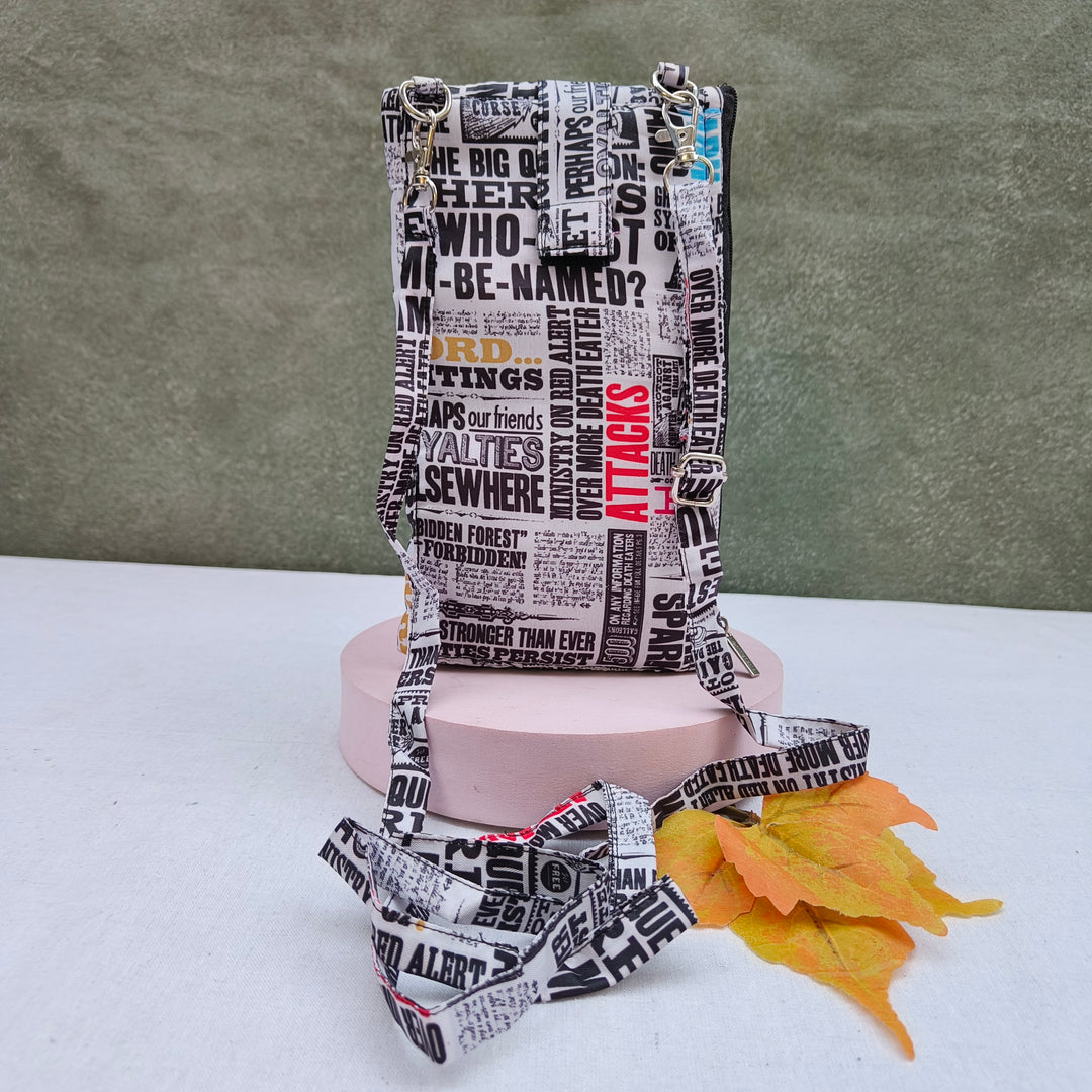 Wallet Cum Sling - White With News Paper Print
