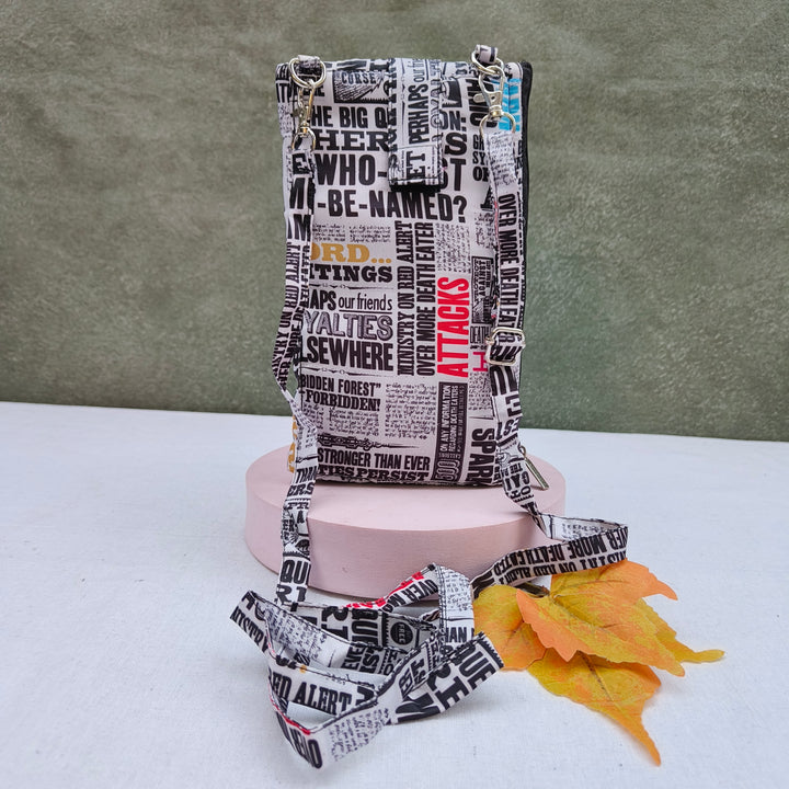 Wallet Cum Sling - White With News Paper Print