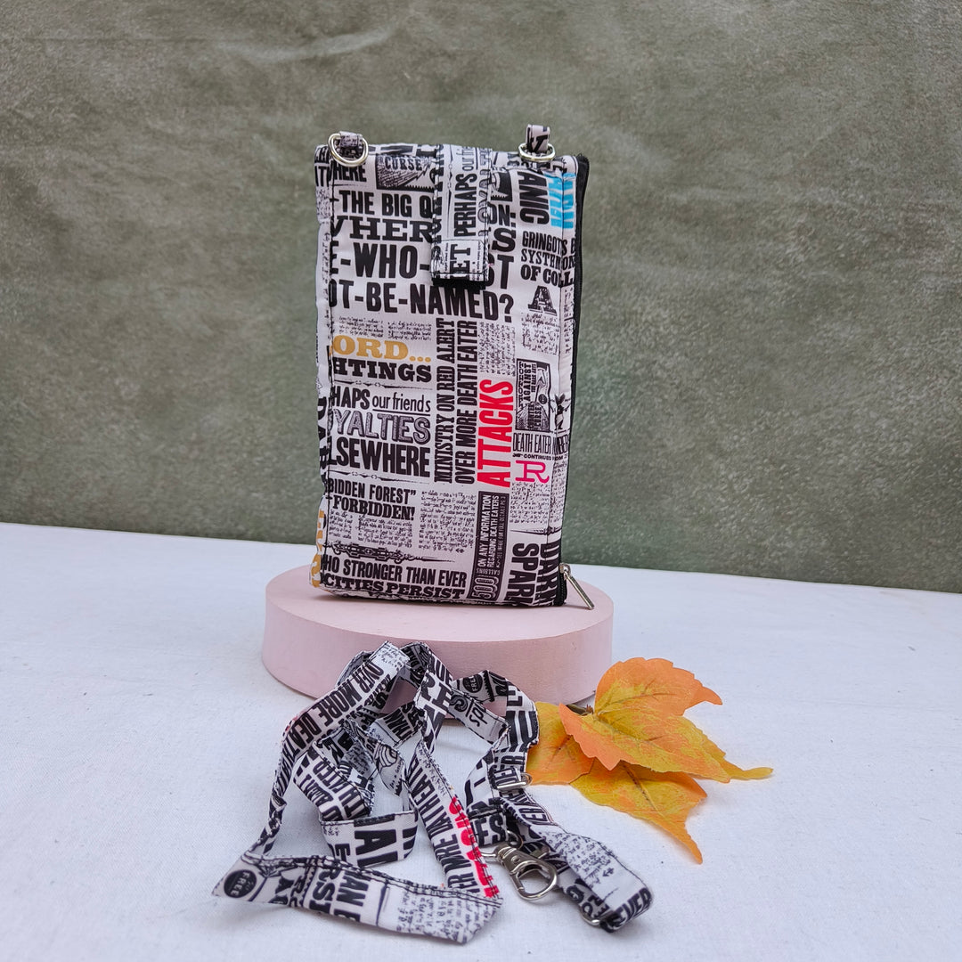 Wallet Cum Sling - White With News Paper Print