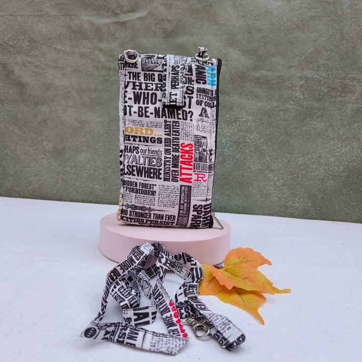 Wallet Cum Sling - White With News Paper Print