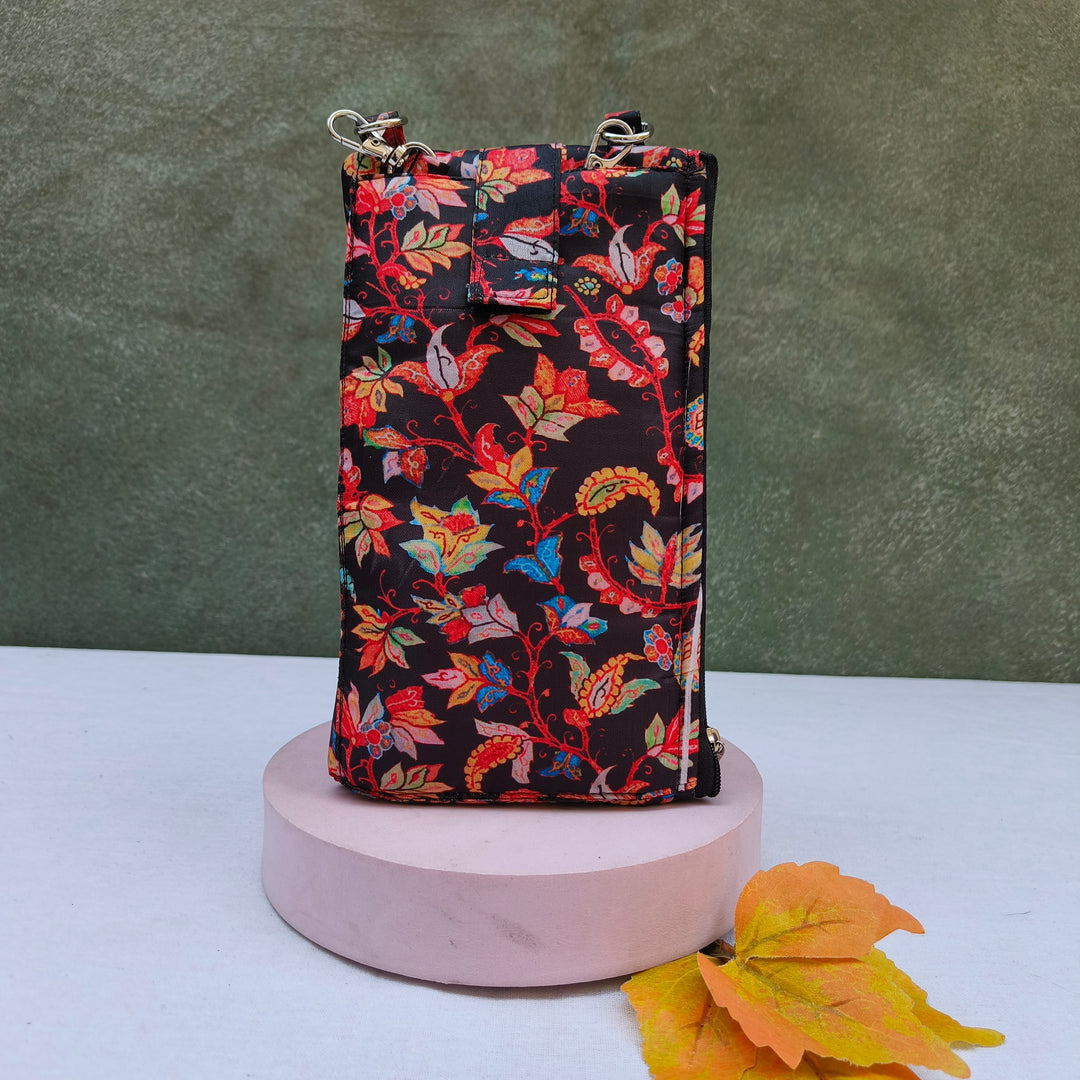 Wallet Cum Sling - Black With Multi Color Flower Print