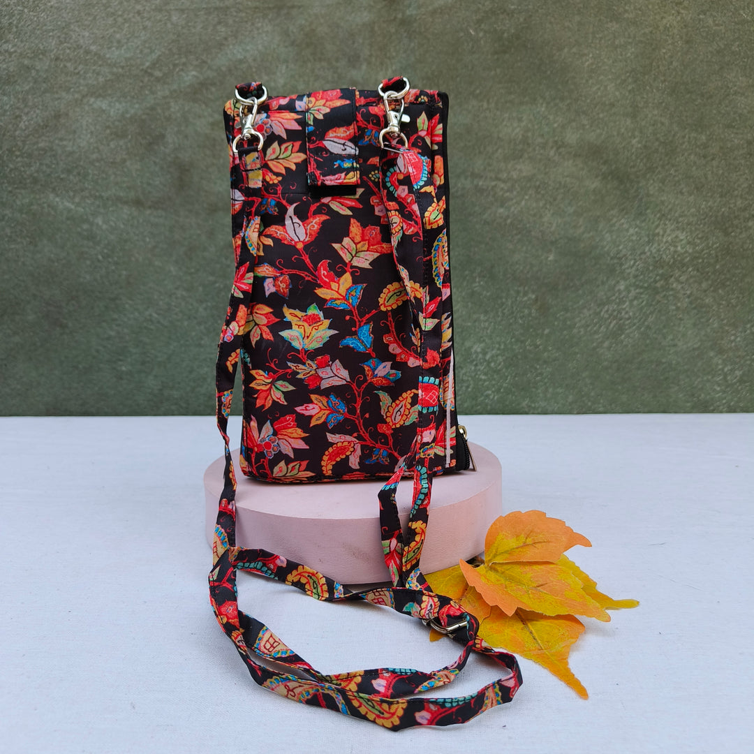 Wallet Cum Sling - Black With Multi Color Flower Print