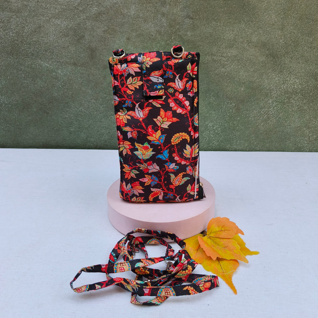 Wallet Cum Sling - Black With Multi Color Flower Print