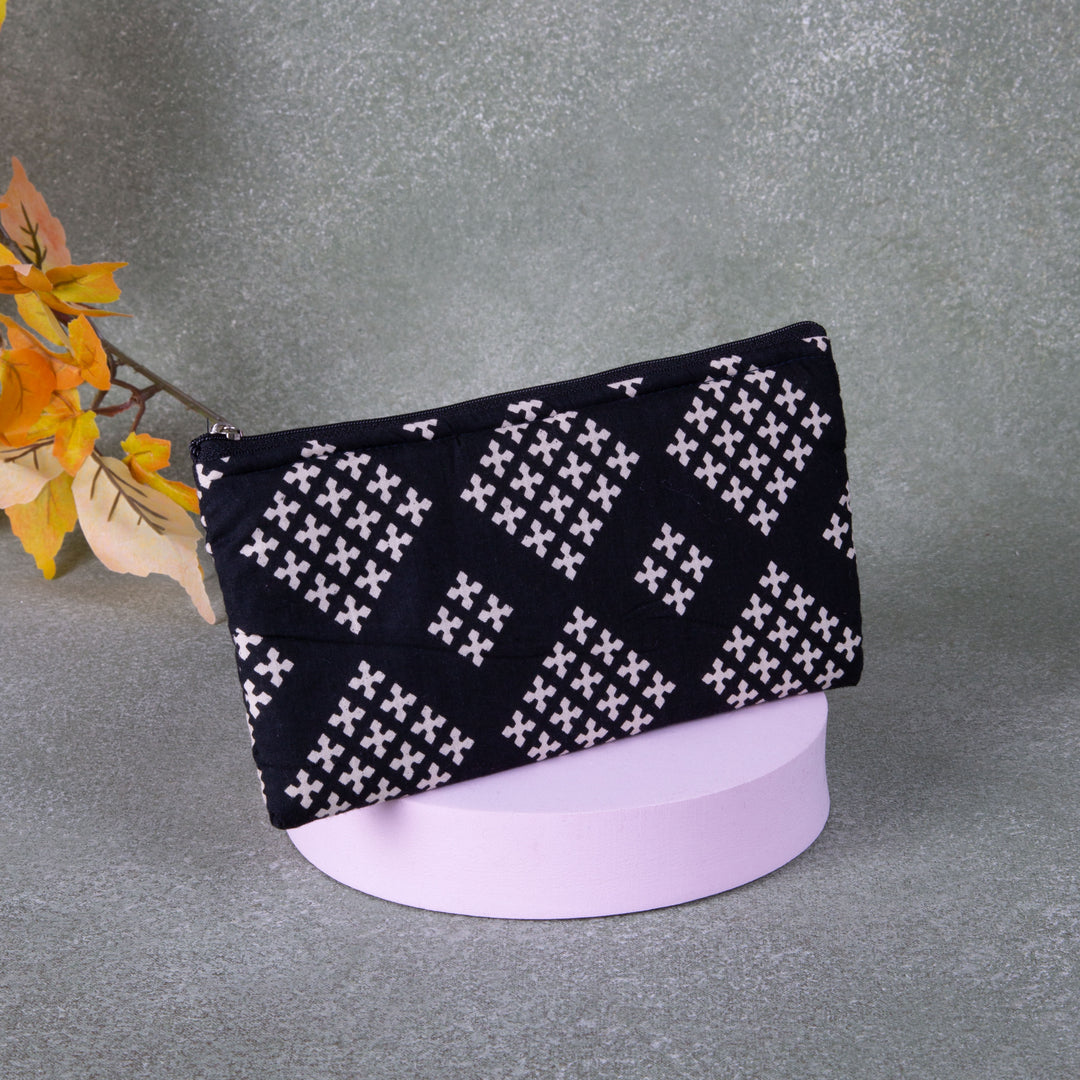 Cotton Purse Black with White Diamond Design.