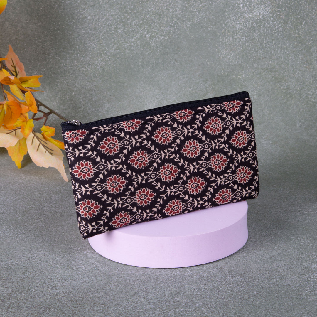 Cotton Purse Black with Brown Flower Design.