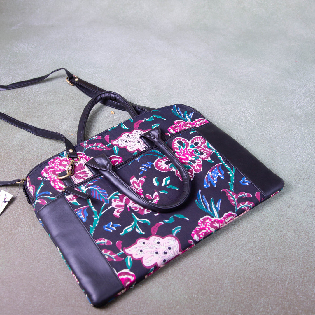 Laptop Sleeve Black with Pink Flower Design.