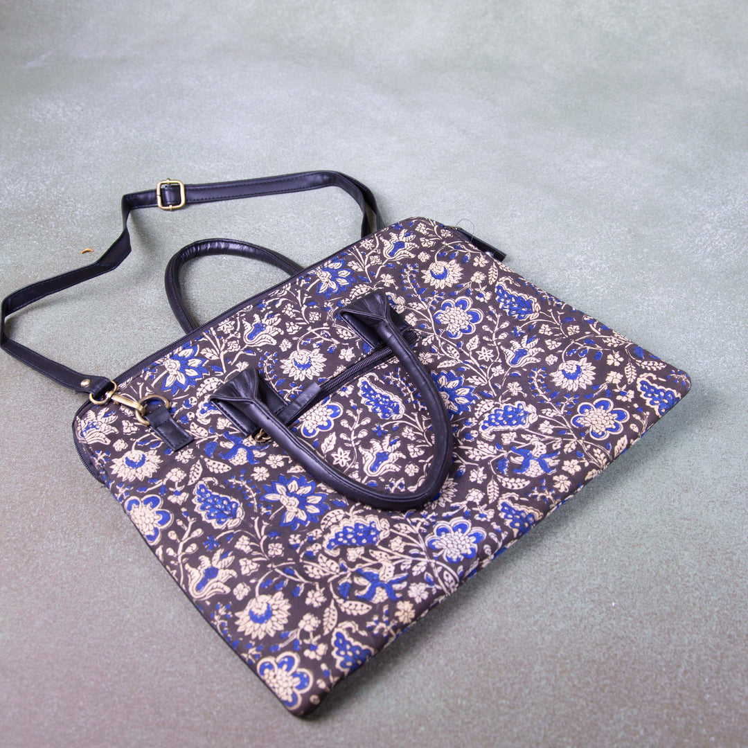 Laptop Sleeve Black with Blue Colour Flower Design.