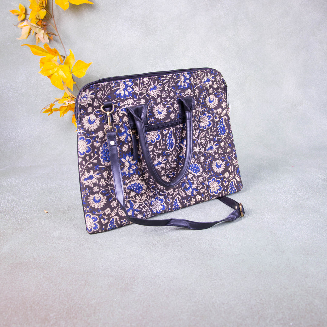 Laptop Sleeve Black with Blue Colour Flower Design.