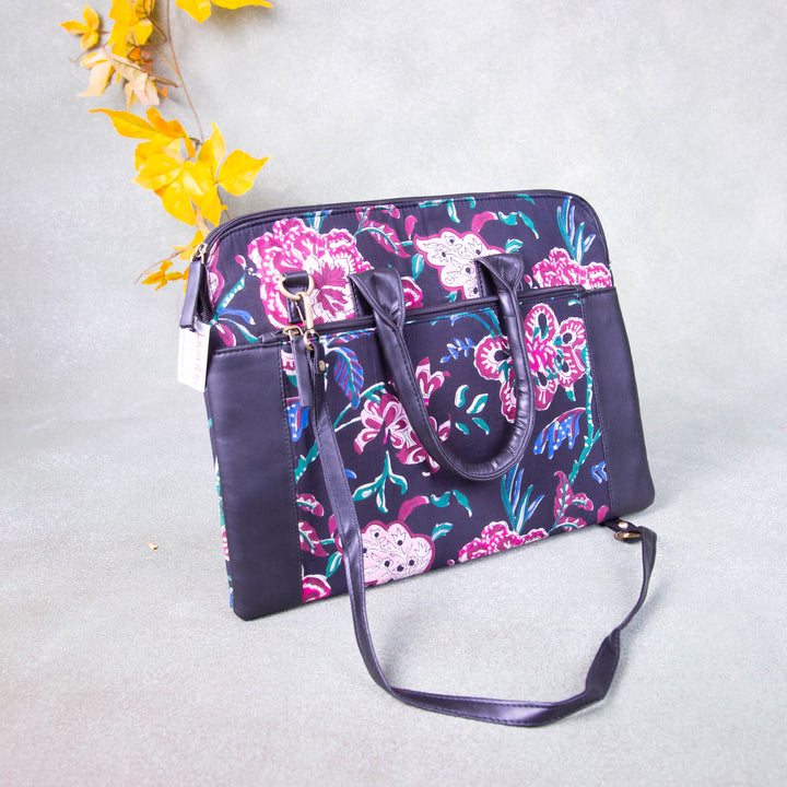 Laptop Sleeve Black with Pink Flower Design.