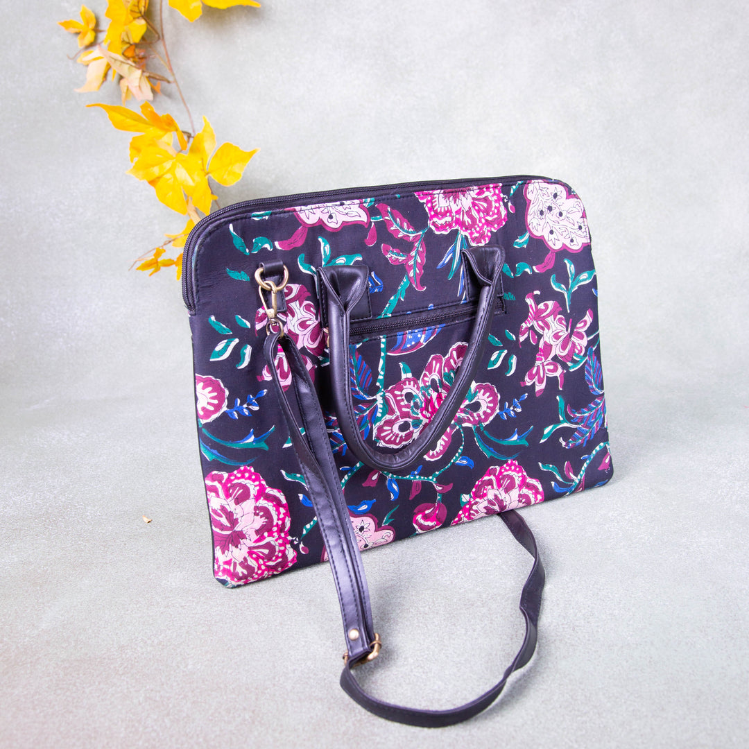 Laptop Sleeve Black with Pink Flower Design.