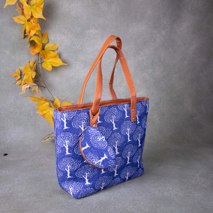 Double Zippered Tote Blue Colour with White Tree Design.