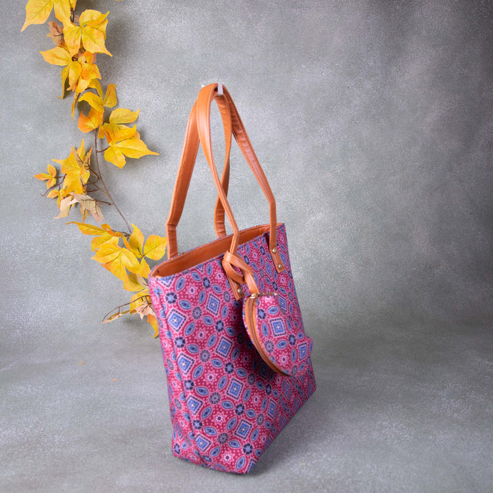 Double Zippered Tote Red Colour with Blue Diamond Design.