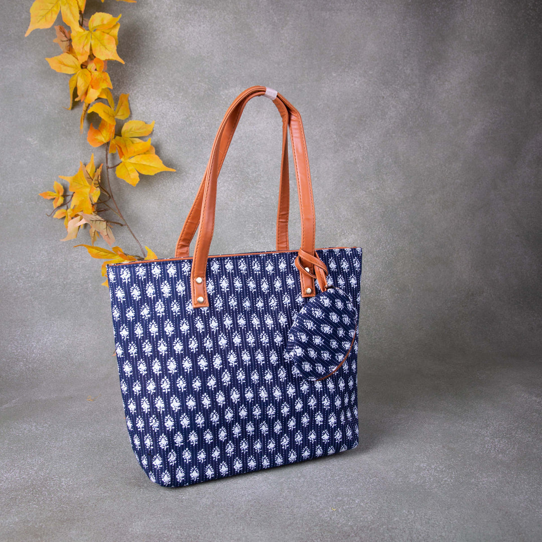 Double Zippered Tote Blue Colour with White Flower Design.