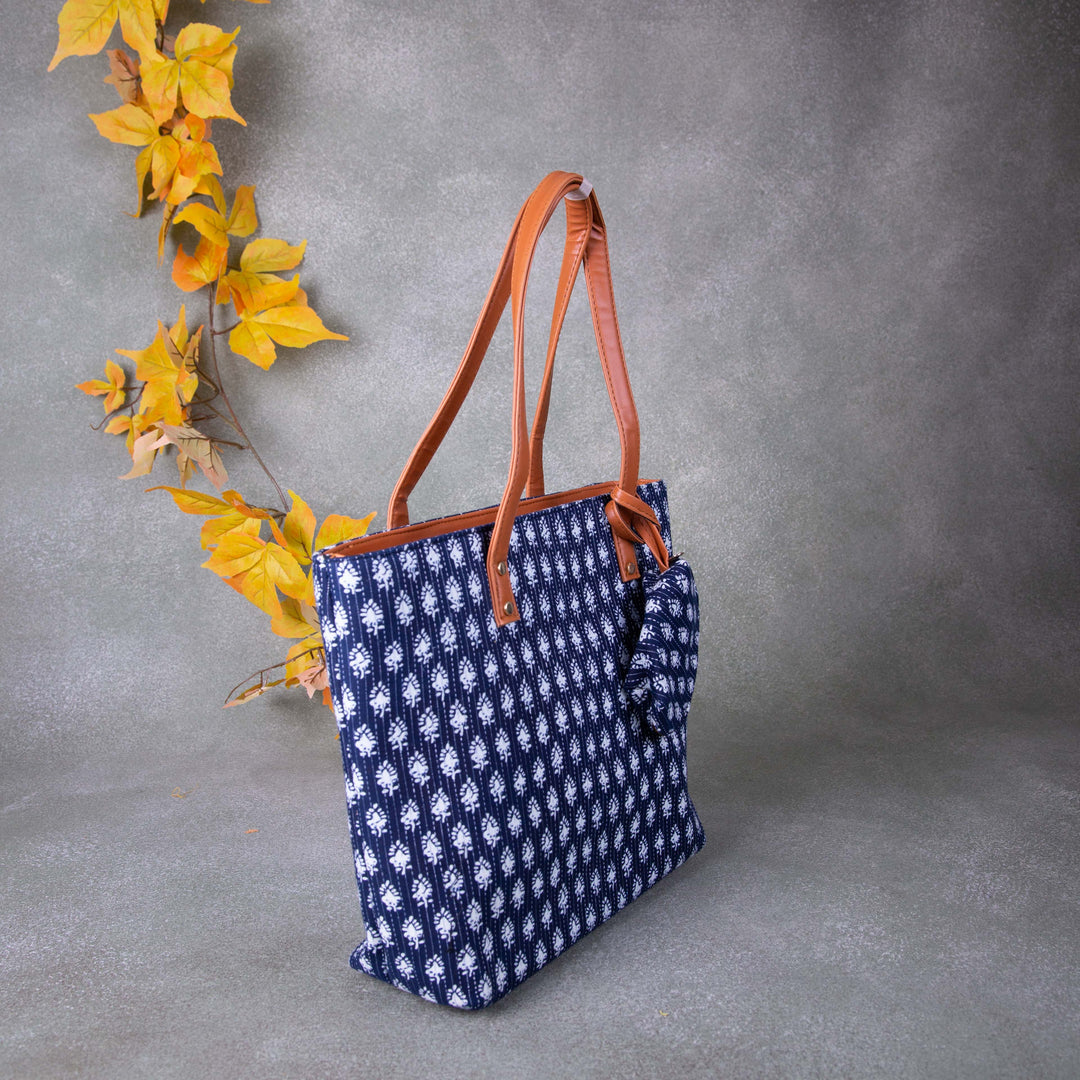 Double Zippered Tote Blue Colour with White Flower Design.