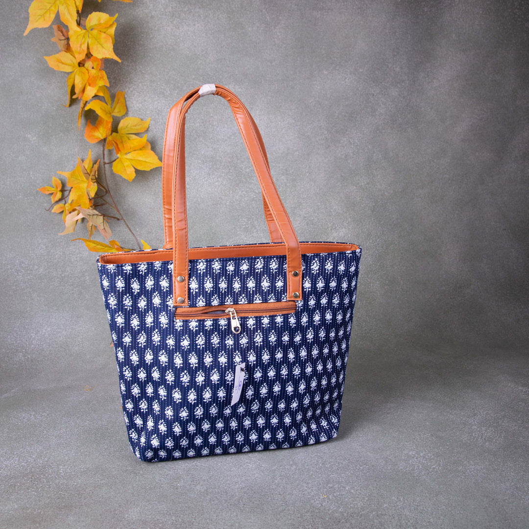 Double Zippered Tote Blue Colour with White Flower Design.