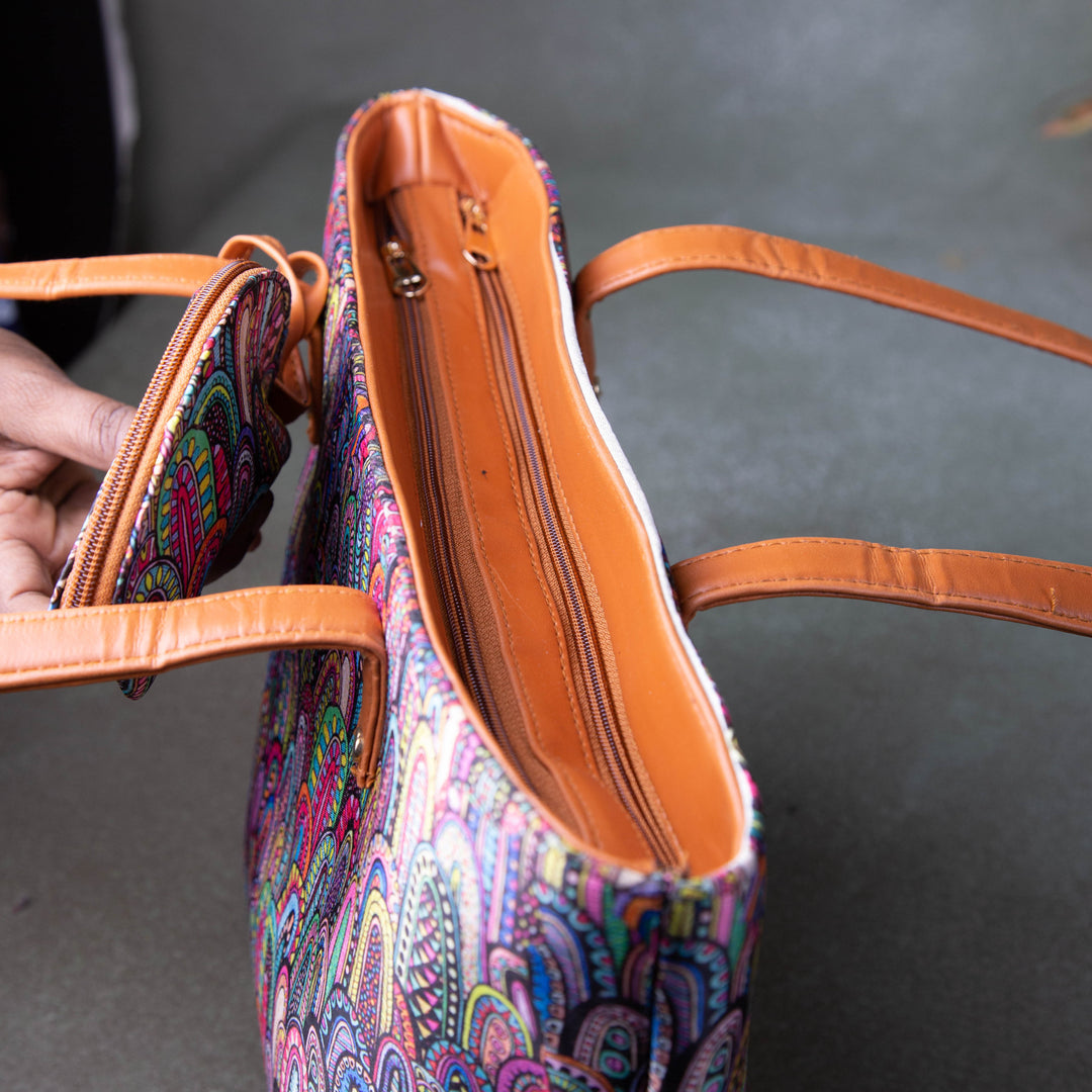 Double Zippered Tote Maroon Colour with Sandal Flower Design.