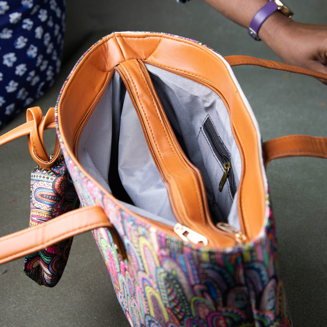 Double Zippered Tote Maroon Colour with Sandal Flower Design.