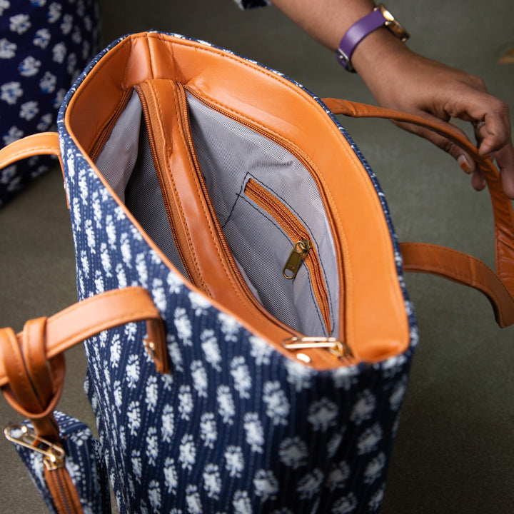 Double Zippered Tote Blue Colour with White Flower Design.