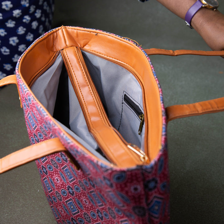 Double Zippered Tote Red Colour with Blue Diamond Design.