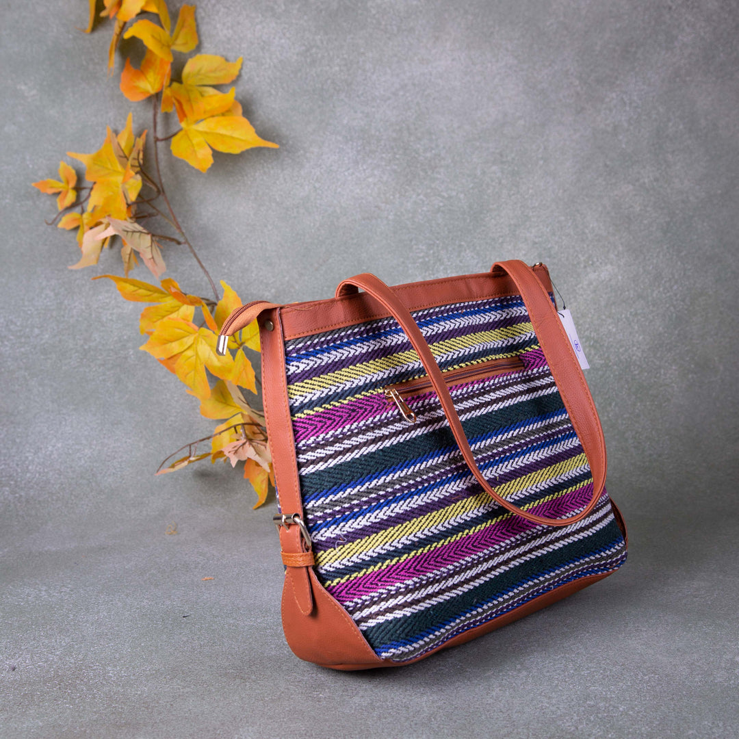 Water-Resistant Office goer Tote Yellow with Purple Colour Prints